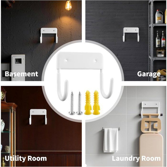 Wall-Mounted Ironing Board Holder 12x11cm White, Storage Hook for Laundry Room or Garage