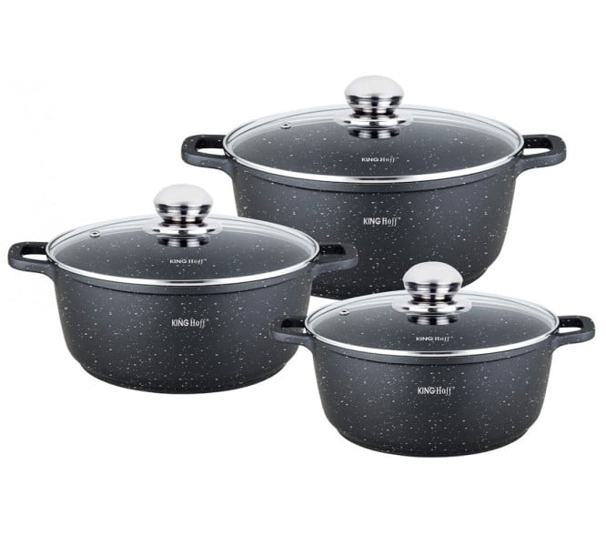 Zestaw 3 garnków okrągłych z powłoką marmurową 2.3 / 4.5 / 6.5L KINGHOFF