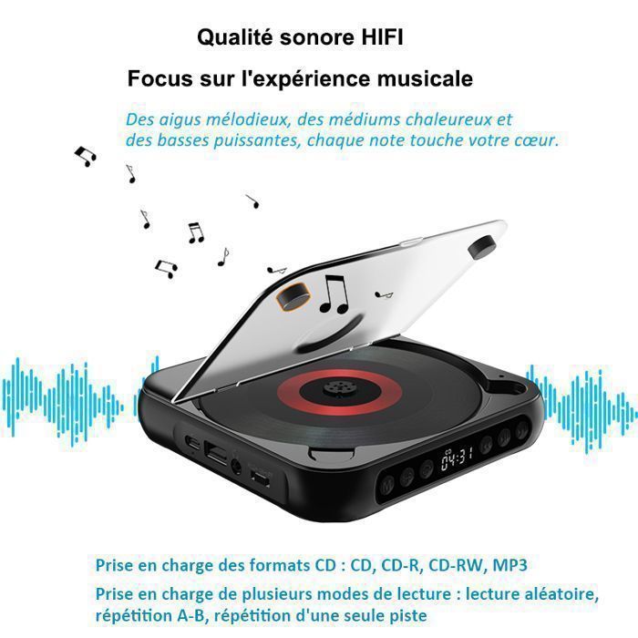 Reproductor de CD - Bluetooth, batería de 2000 mAh - Ultradelgado y ligero - HiFi compatible con CD y puerto USB AUX de 3,5 mm - Ideal para deportes - Negro