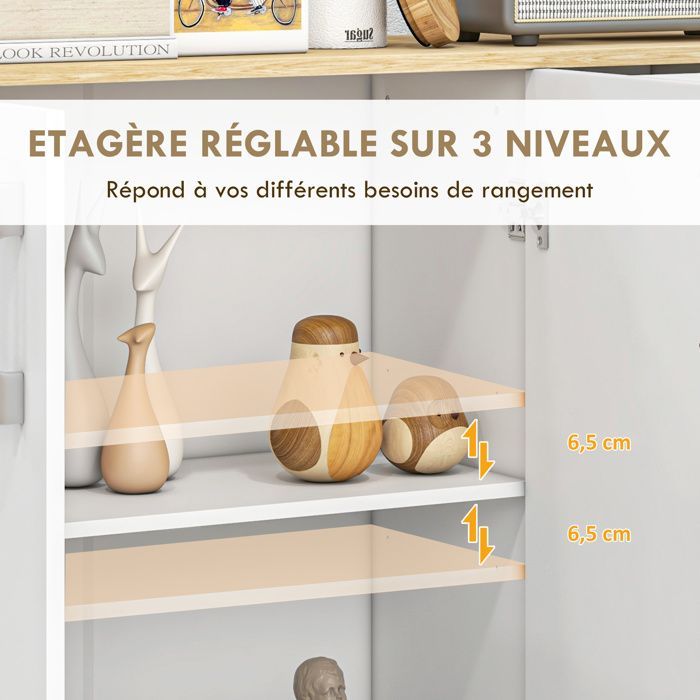 Buffet - HOMCOM - 3 portes, 2 tiroirs et étagère réglable - panneau de particules - 90 x 30 x 75,5 cm - blanc et bois naturel