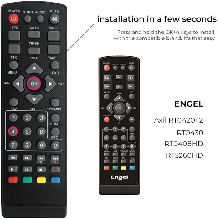 Telecomando universale 7 in 1 compatibile con decoder digitali terrestri DVB-T: Strong, Engel, Metronic, Strom, Livetnt, Xoro