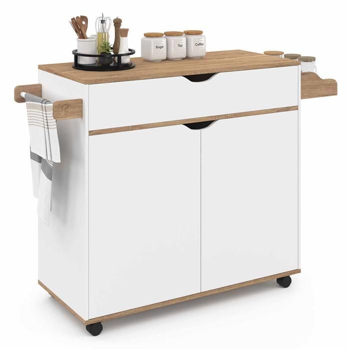 IDMARKET Desserte de cuisine COSY XXL placard avec tiroir blanc et plateaux façon hêtre L.90 CM