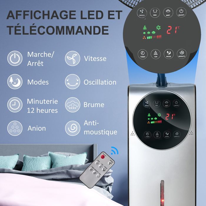 Ventilador nebulizador HOMCOM - 90W - 3 modos, 3 velocidades, control remoto, temporizador de 12 horas, oscilación de 70° - Gris y negro