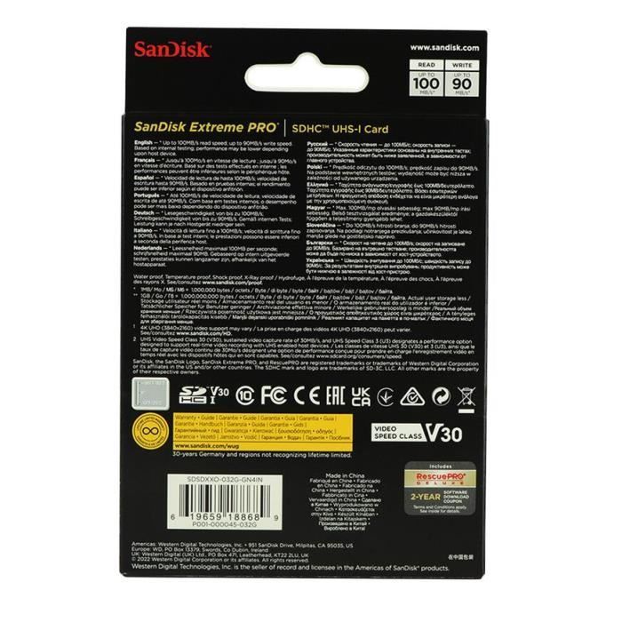 Scheda di memoria SanDisk Extreme Pro SDHC UHS-I U3 Classe 10 da 32 GB