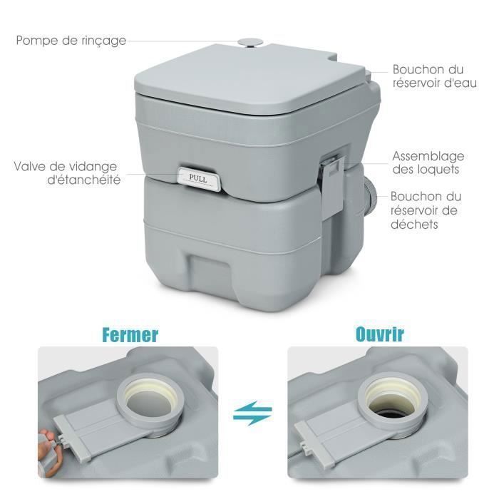 COSTWAY Portable Camping Toilet with Detachable 20L+10L Tanks, Ergonomic Handle, Sealing Device, for Travel and Boat Use, 100KG Capacity, Grey