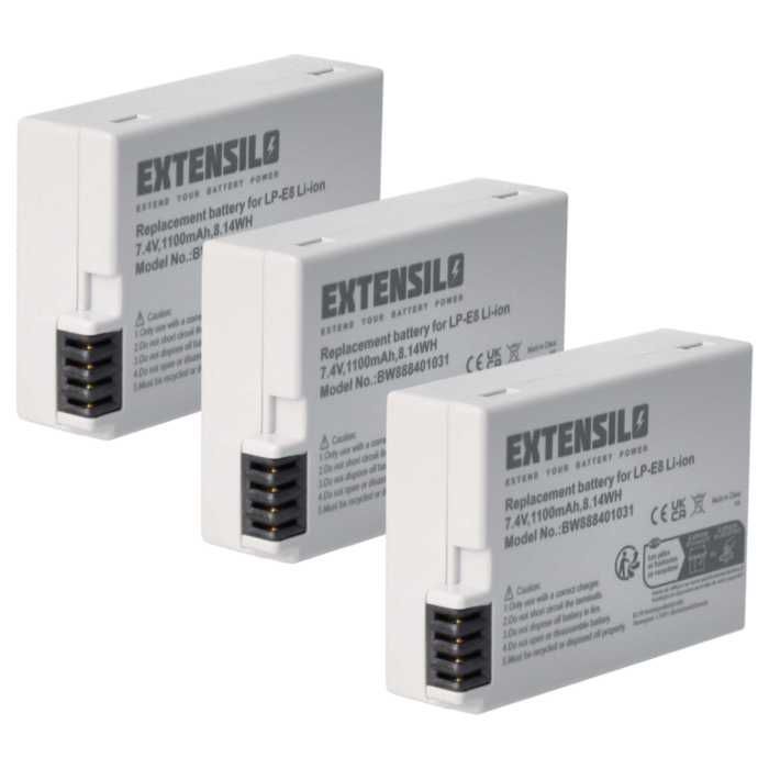 EXTENSILO 3x accu, compatibel met Canon EOS 600D, Kiss X6i, 650D, 700D, Kiss X5, 550D, Kiss X4 en Kiss X7i camera's.