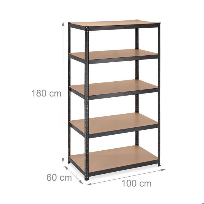 Estantería de alta resistencia Relaxdays, 180 x 100 x 60 cm (alto x ancho x profundidad), capacidad máxima 1250 kg, 5 estantes, sistema de encaje, para garaje, acero, color negro.