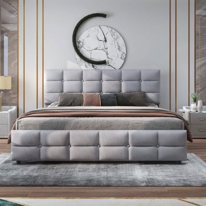 Cama doble tapizada - MARCA - 180 x 200 cm - 4 cajones - Tela de terciopelo gris