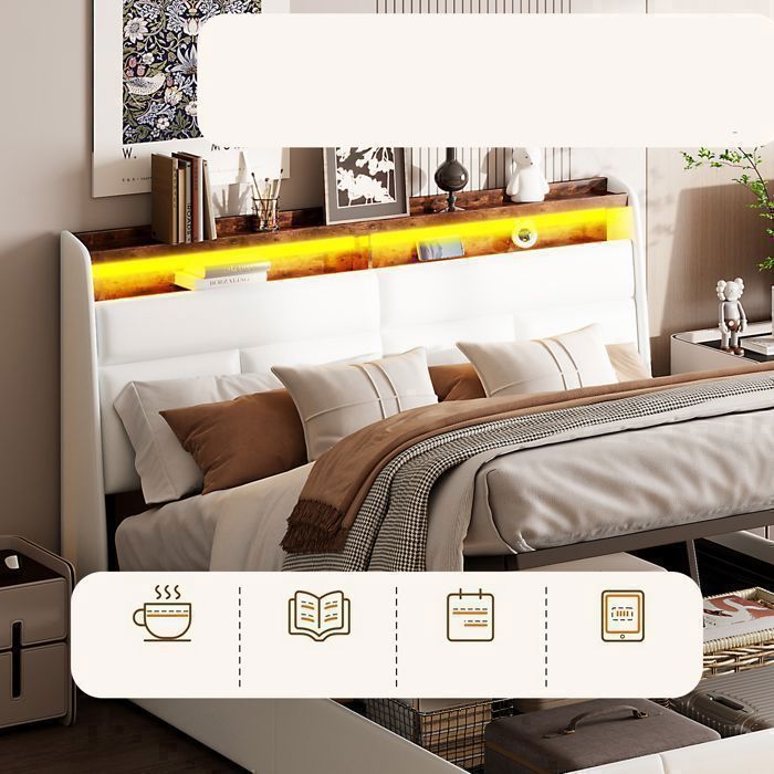 Lit 160x200 cm - LED - tissu en PU - cadre de lit adulte - lit adulte 160x200 cm - 160x200 cm - Blanc