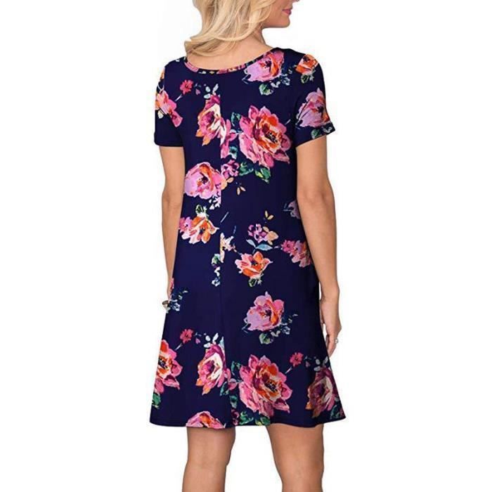 Abito midi estivo da donna a maniche corte con stampa, scollo rotondo e tasche - Blu navy