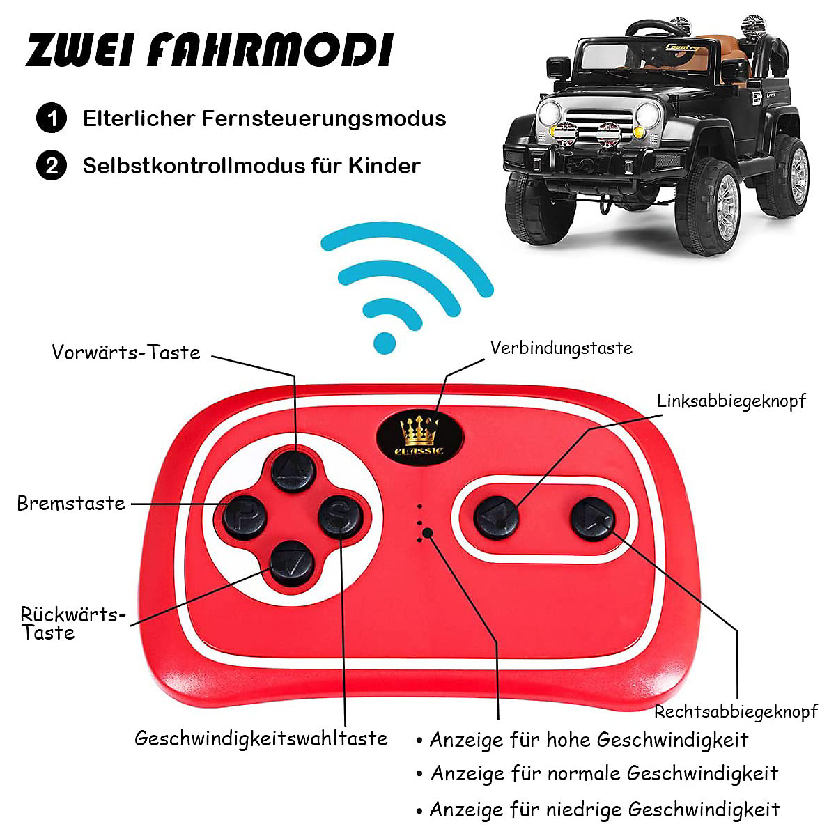 Electric Jeep car with storage box & remote control, black