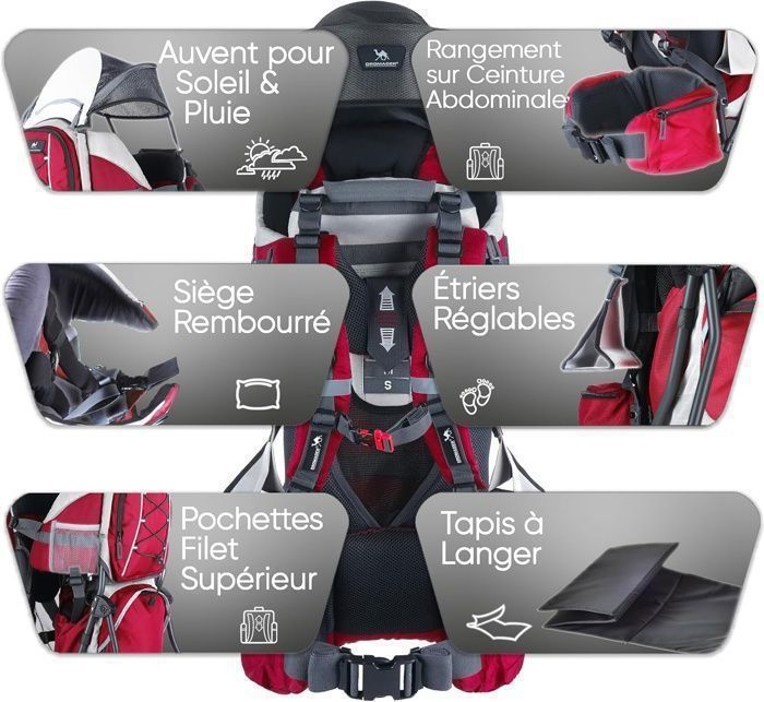 Portabebés DROMADER para senderismo - Cómodo hasta 22 kg - Mochila con bolsillo isotérmico, funda para el sol y la lluvia - Rojo