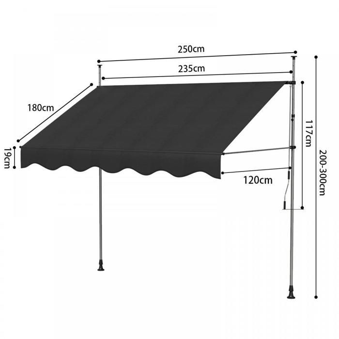 SUPFINE Store Banne Manuel Rétractable, Auvent sans Perçage, Hauteur Réglable, pour Terrasse, Jardin, Magasin, 2,5M Noir