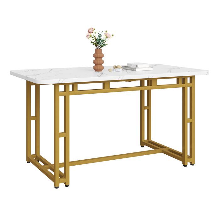 Table à Manger Rectangulaire,120x70x74cm,Style Scandinave,Table de cuisine,Plateaux en MDF Aspect Bois,Pieds en Métal,Blanc/Doré