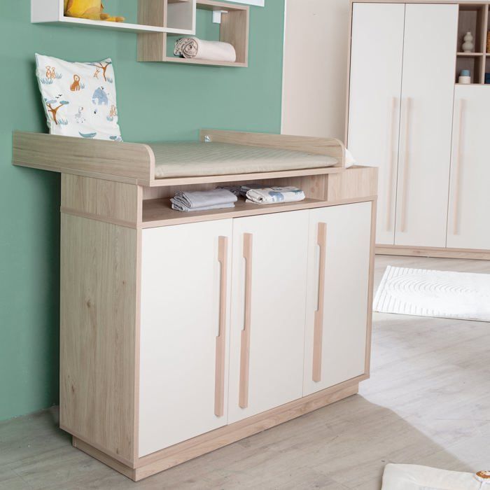 Commode à Langer Évolutive ROBA - Elva - 3 Portes à Fermeture Douce 5 Niches - Cachemire - Effet Noyer