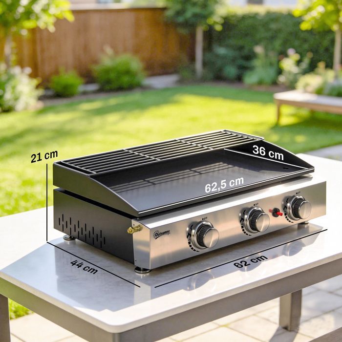 Gas griddle - gas barbecue - Outsunny - 3 burners, enamelled plate, 7.5 kW, warming rack - stainless steel - 62x44x21cm - black