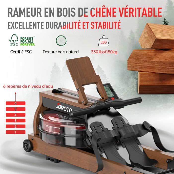 Rameur à eau - JOROTO - MR280Pro - Chêne massif - Pliable - Moniteur Bluetooth (Kinomap)
