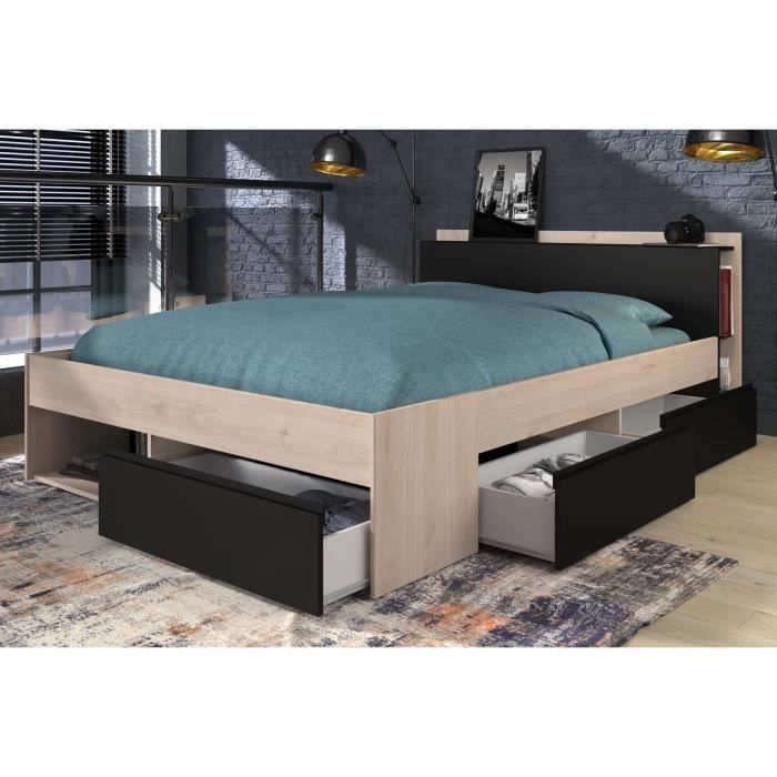 Cama adulta COMBO 140x190/200 cm - Roble y negro - 3 cajones - PARISOT