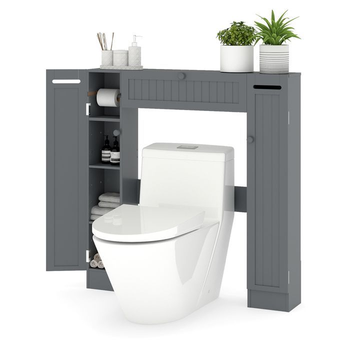 COSTWAY Bathroom Cabinet with Adjustable Shelves and Toilet Paper Holder, 89 x 19.5 x 99 cm, Grey