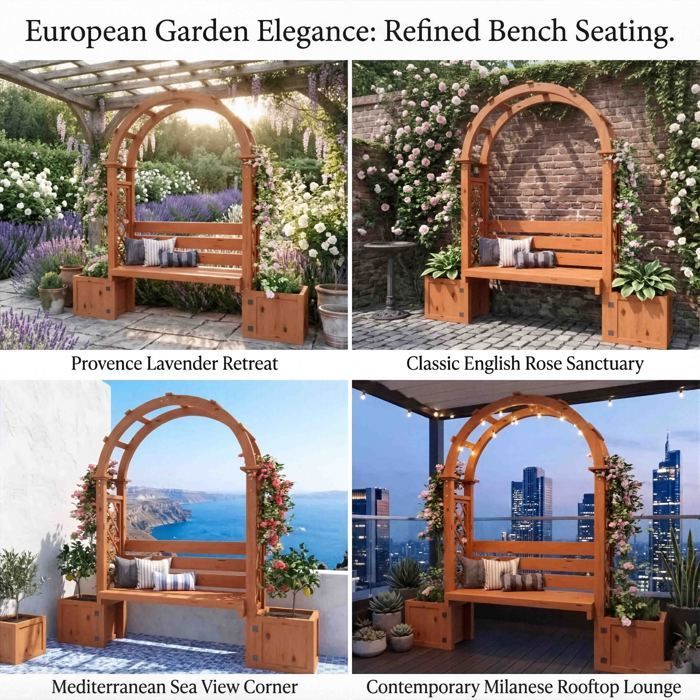 Garden Bench with Arch & Planters - 160x30.5x160cm - 3-in-1 Design - Natural Fir Wood