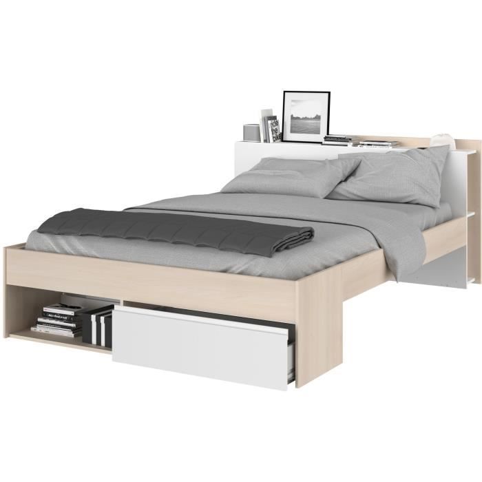 Cama adulta COMBO 140x190/200 cm - Acacia y blanco - 3 cajones - PARISOT