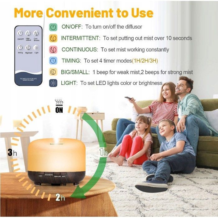 Diffuseur d'Huiles Essentielles 500ml Lumière LED 7 Couleurs Minuterie Humidificateur d'Air Ultrasonique avec 6 Huiles Essentielles