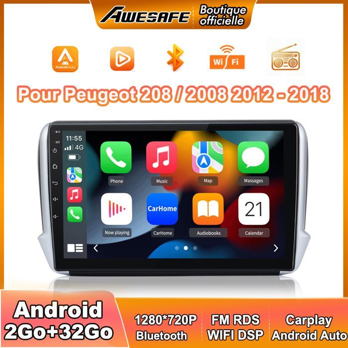 Autorradio AWESAFE Android 13 de 2 GB + 32 GB para Peugeot 2008 (2013-2020) con pantalla táctil de 10 pulgadas, GPS, Bluetooth, FM, SD y RDS.