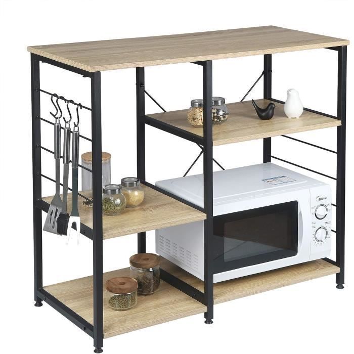 WOLTU Kitchen Shelf, Microwave Rack in Metal and Wood with 5 Shelves, 90 x 40 x 83.5 cm, Black + Light Oak