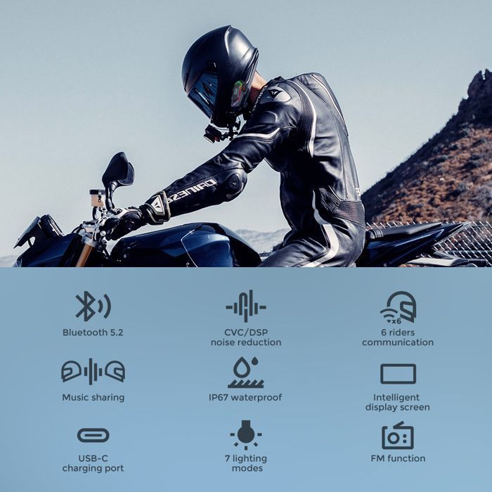 Kit de intercomunicación para motocicleta GEARELEC, walkie-talkie inalámbrico Bluetooth para casco de motocicleta, alcance de 2000 m, capacidad para 6 personas, BT 5.2, pantalla inteligente, resistencia al agua IPX67.
