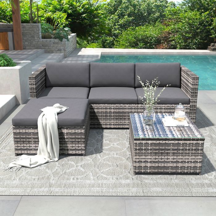 Garden lounge set, 4-seater outdoor corner sofa with coffee table in woven resin, grey