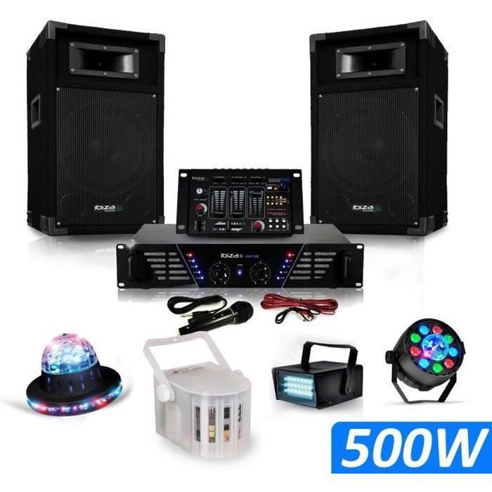 500W Sound System Package: Amplifier + Speakers + USB Mixer + 4 LED Light Sets