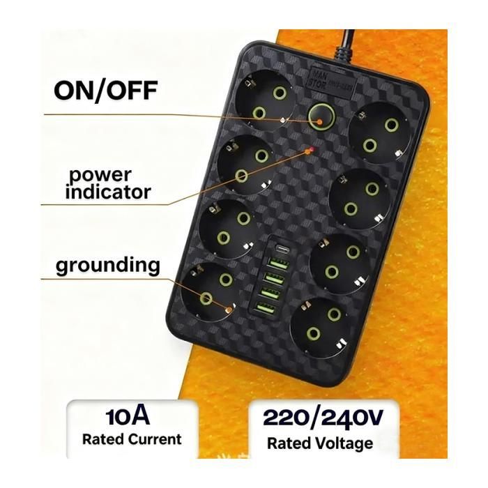 Regleta eléctrica de 6 tomas con 5 puertos USB, con protección contra sobretensiones e interruptor, cable de 3 m.