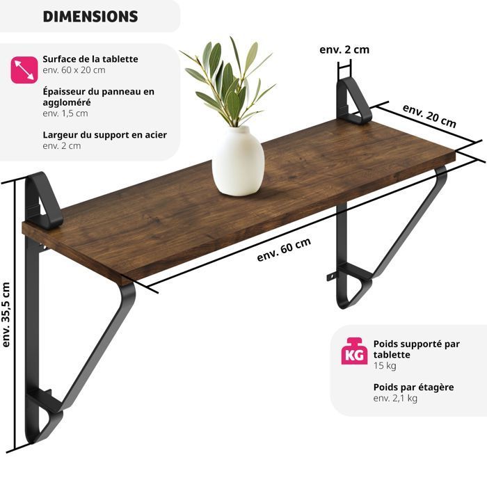 Estantería de pared - TECTAKE - Juego de 2 estantes colgantes IRVINE de aglomerado - Madera oscura