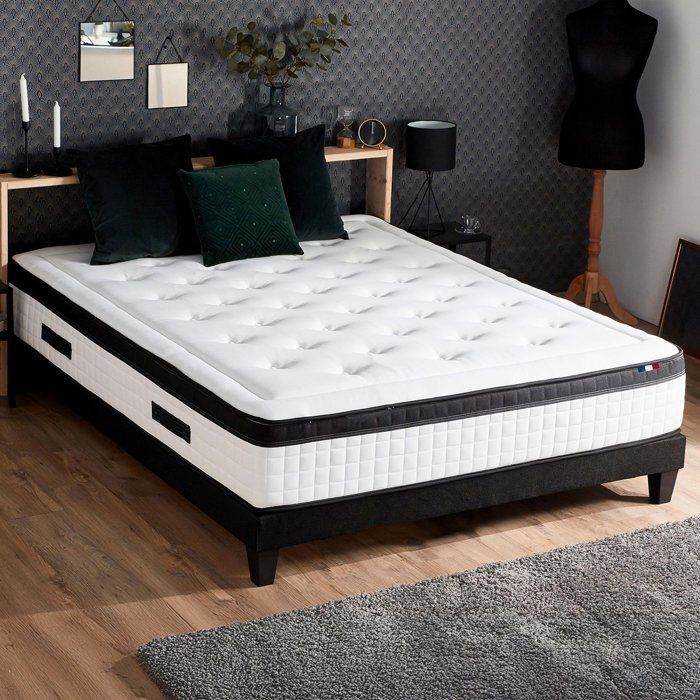 Colchón y base de cama COMFORT DESIGN Quatuor 140 x 190 cm - 30 cm de grosor - 4 tecnologías - Muelles/Vesmooth/Látex/HR - Fabricado en Francia