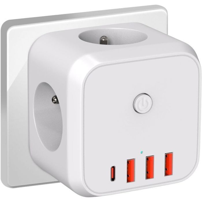 Kubusvormig wandstekkerblok, 7-in-1 USB-oplader met 3 stopcontacten, 4000W stekkerblok met schakelaar voor woonkamer en kantoor