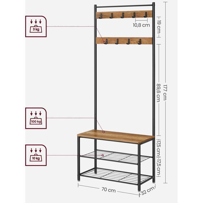 Appendiabiti con scarpiera integrata VASAGLE, mobile da ingresso con panca, 3 in 1, struttura in acciaio, 32 x 70 x 177 cm, marrone e nero