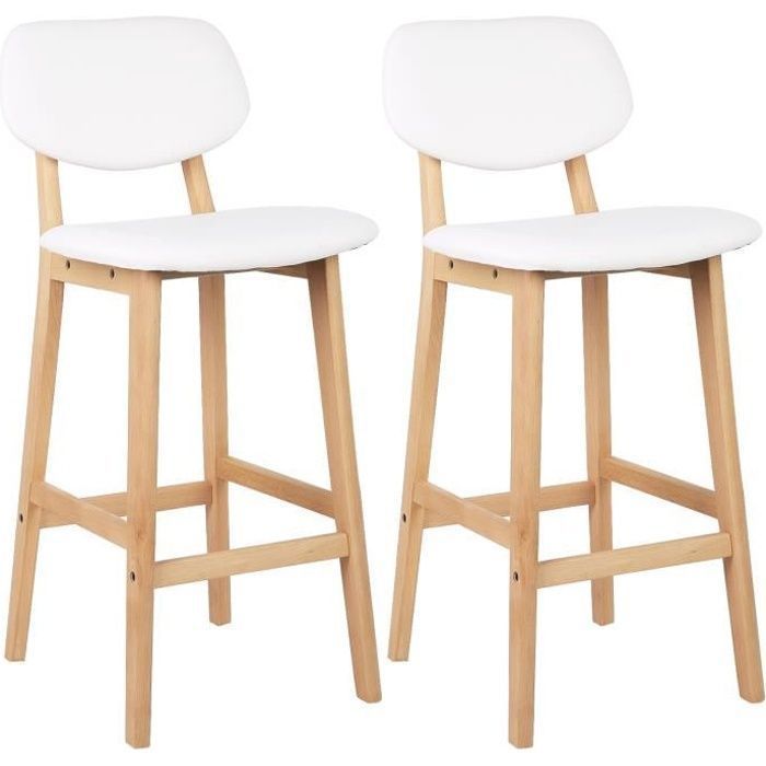 WOLTU Set of 2 Faux Leather and Wood Bar Stools with Backrest, 43x37.5x91.5cm, White