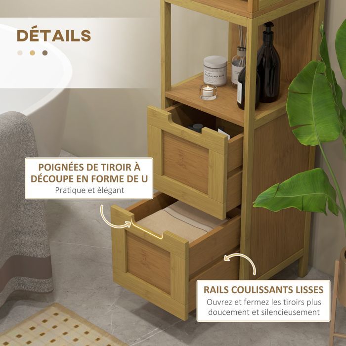 Meuble colonne - kleankin - rangement salle de bain style cosy 3 étagères 2 tiroirs - bambou - 30x30x144cm - naturel