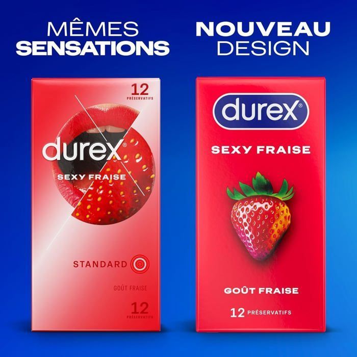 Durex - Lot de 48 Préservatifs Sexy Fraise - Extra Lubrifié Saveur Fraise