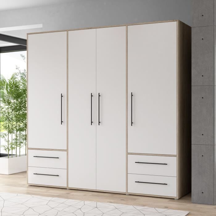 Armoire - Chêne Sonoma / Blanc mat - 4 portes battantes - L205,9 x P58,8 x H200 - MOKKARIS