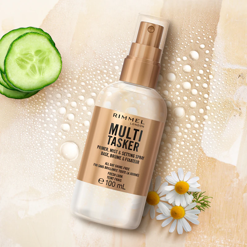 Base e spray fixador Rimmel Multi-Tasker em um só produto