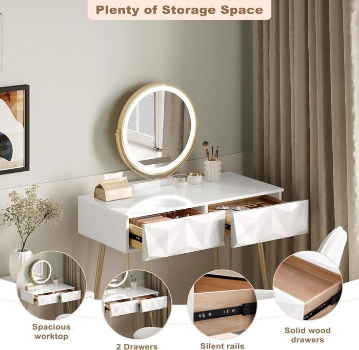 EUGAD Coiffeuse avec Miroir LED Réglable, Table de Maquillage avec Chaise, 2 Tiroirs à Effet 3D en Bois Massif, Blanc+Doré E0EG0060