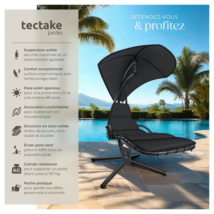 Silla colgante - TECTAKE - Asiento ELARIA con protección UV y bolsillo lateral resistente - Negro
