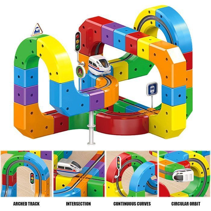 Circuito de coches - Tren eléctrico sobre raíles - 81 piezas magnéticas - Construcción modular - Juego educativo y regalo.