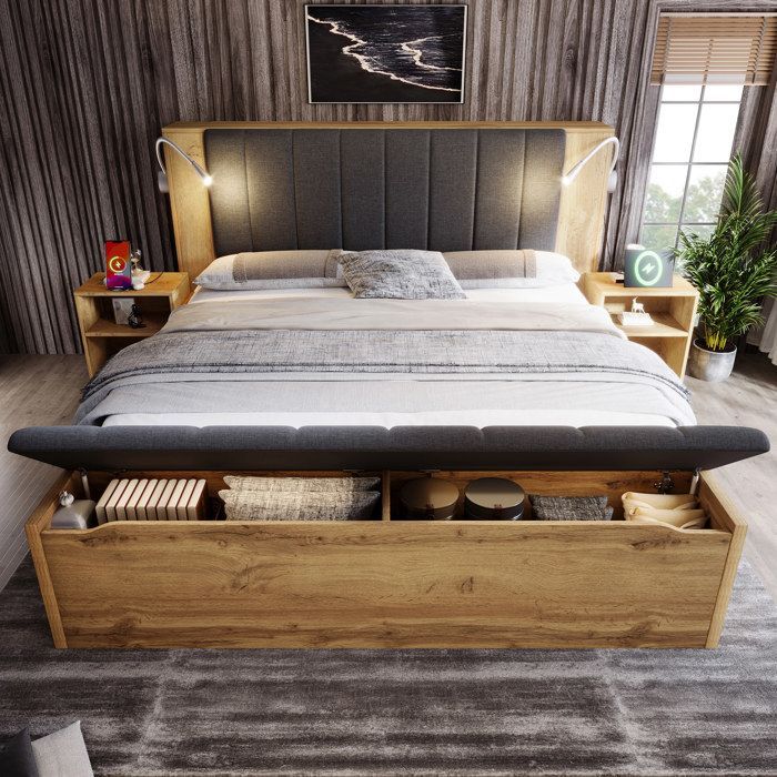 Letto matrimoniale 180x200 cm - MODERNLUXE - Lampade da lettura + porte USB + panca contenitore - 2 comodini - Naturale