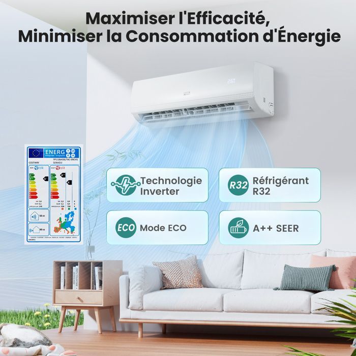 Aire acondicionado fijo mono-split Costway de 9000 BTU y 2,6 kW con refrigerante R32 - Calefacción de 16 a 31 °C - Bomba de calor - Kit de conexión completo de 4 m - Temporizador de 24 horas - A++