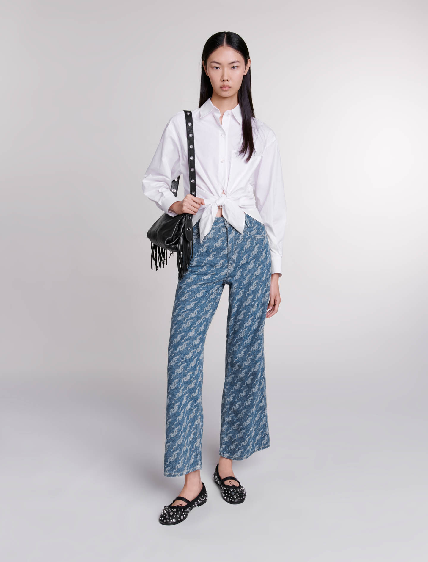 Jeans met wijde pijpen en print - Blauw
