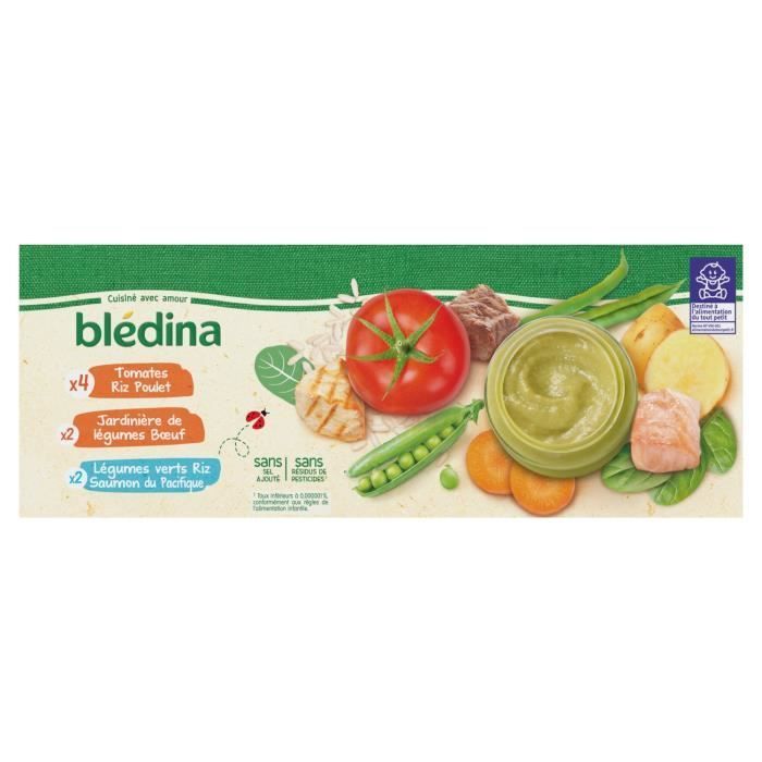 Omogeneizzati BLEDINA - Dai 6 mesi in su - Pollo al pomodoro e riso, Manzo alle verdure, Salmone al riso e verdure - 8 vasetti da 200 g