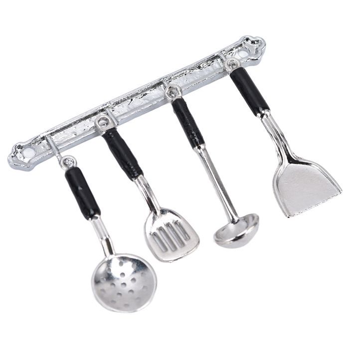 Conjunto de 2 acessórios de cozinha em miniatura para casas de bonecas na escala 1:12: pá, colher, gancho e escorredor em miniatura.