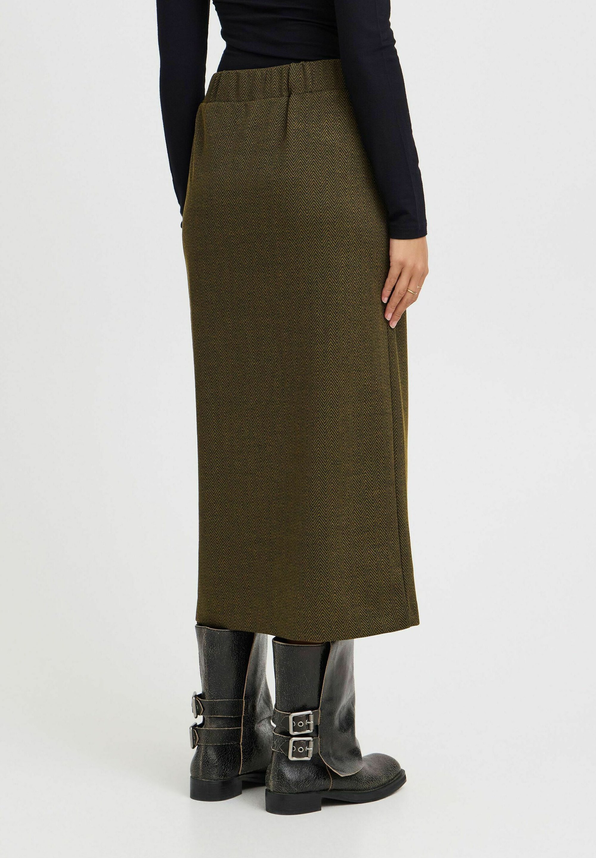ICHI IHKATE JACQUARD LONG - Saia evasê - espinha de peixe em jacquard preto